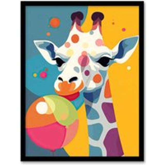 Wall Art Print Cute Colourful Giraffe With Balloon Graphic Artwork Zoo Animal Birthday Party Kids Bedroom Painting Art Framed - Multi - A4