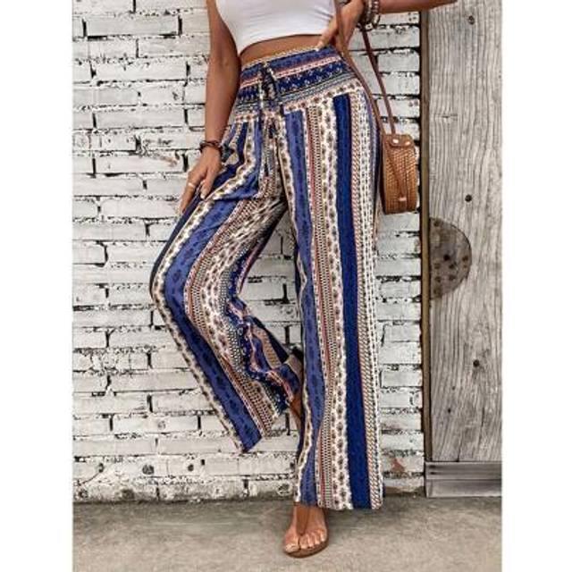 SHEIN Women&#39;s Random Floral Retro Print Drawstring Waist Leisure Wide Leg Pants, Not Pre-Positioned