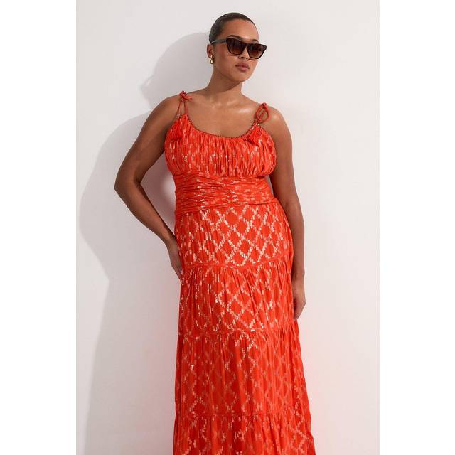 Plus Size Metallic Viscose Georgette Strappy Woven Sun Dress - Red