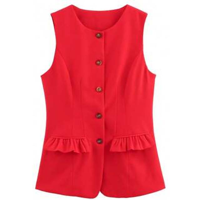 SHEIN Women&#39;s Summer Sleeveless Vest - Round Neck Front Button Pocket Elegant Casual Red Slim Fit Waistcoat