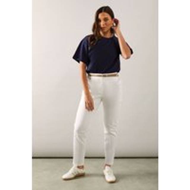 Womens Petite Stretch Cigarette Belted Trousers - White - 10