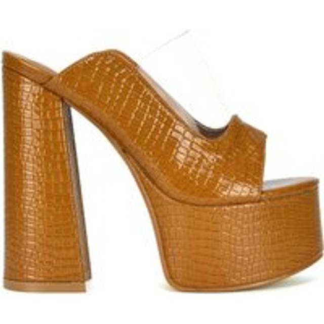 'Saorise' Block High Heel Platform Mules With Perspex Panel - Tan - 7