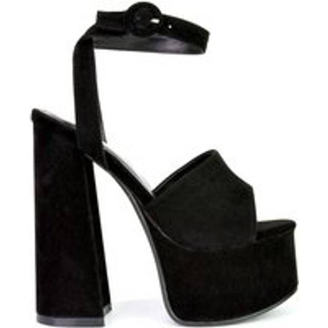 'Pennie' High Platform Heel Peep Toe Shoes With Ankle Strap - Jet Black - 7