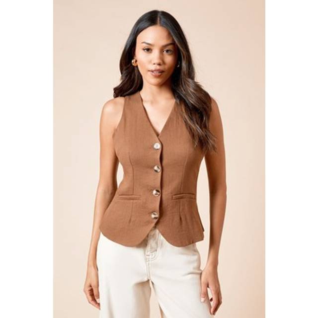 Womens Tailored Button Detail Waistcoat - Brown - 14