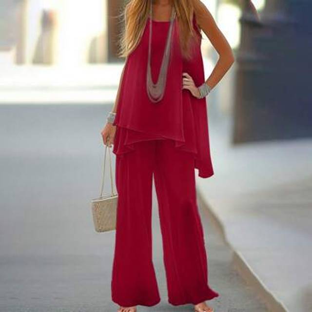 SHEIN Women Solid Color Asymmetric Hem Sleeveless Blouse And Pants Two Pieces Casual Outfit