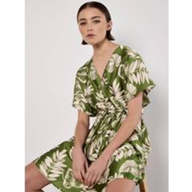 Apricot Women's Green Palm Print Saint Wrap Mini Dress New Look - UK 10