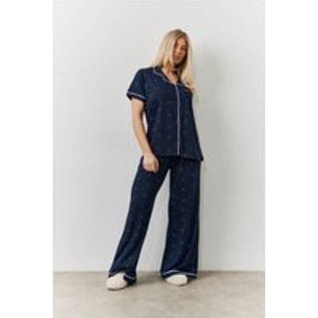 Navy Cherry Print Shirt And Trouser Pj Set