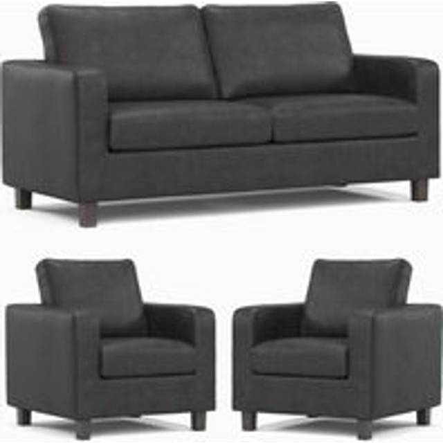York Black Faux Leather 3 Piece Sofa Suite 3 Seater and 2 Armchairs - One Size