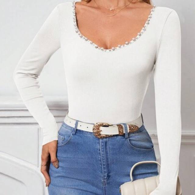 SHEIN Women&#39;s Solid Color Round Neck Rhinestone Embellished Long Sleeve Bodysuit