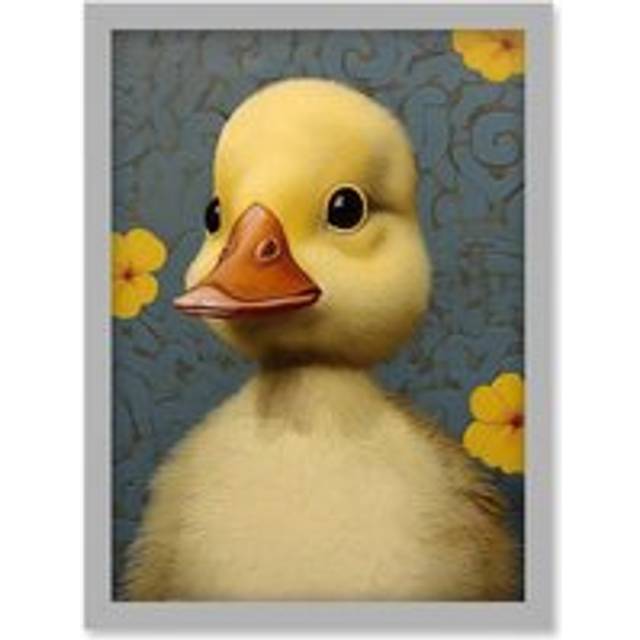 Wall Art Print Duckling with Flowers Oil Painting Kids Bedroom Baby Nursery Duck Artwork Framed A4 - Grey - A4
