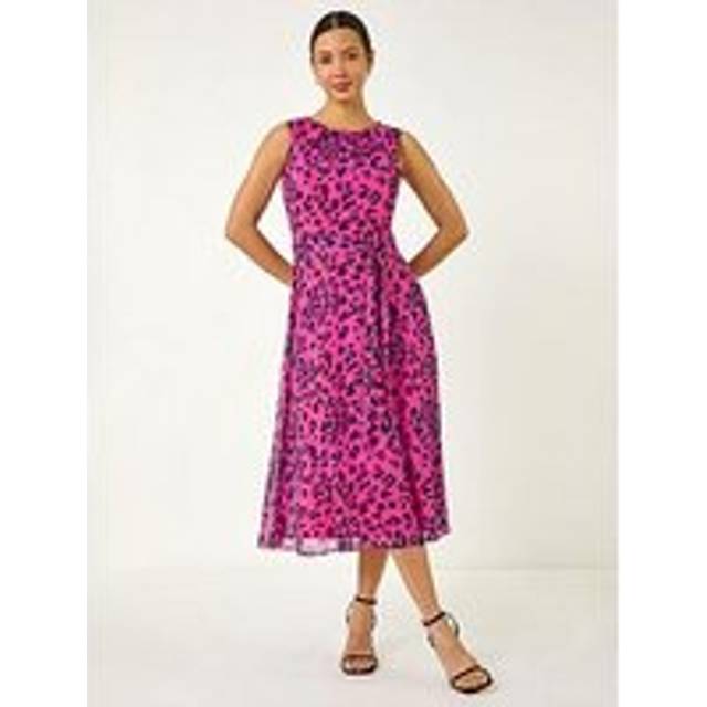Animal Print Pleated Chiffon Dress - Pink - 14