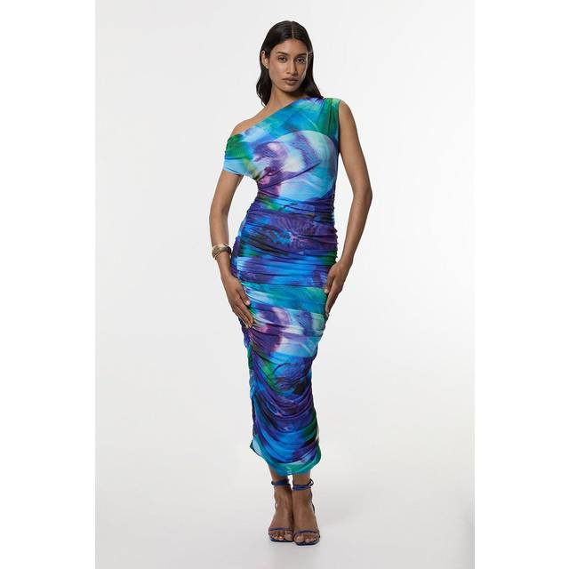 Petite Printed Mesh Jersey One Shoulder Midi Dress - Purple