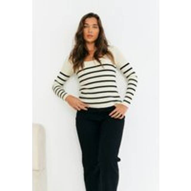 Black Rib Knit Stripe Scoop Neck Long Sleeve Top - 18