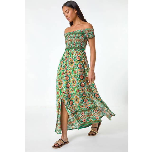 Roman Petite Green Abstract Bardot Maxi Dress - Size 10
