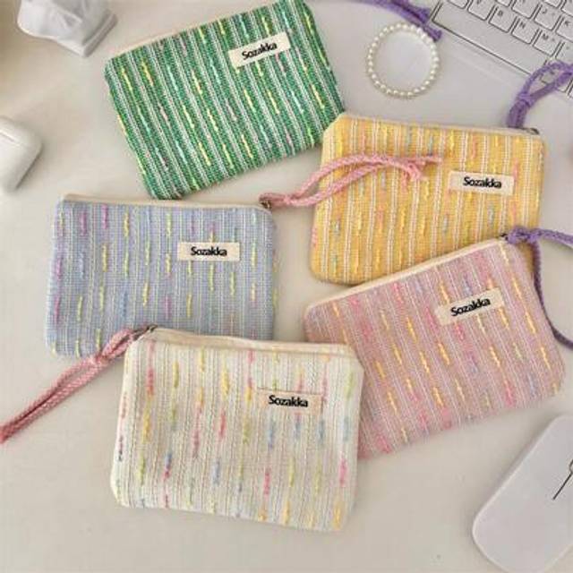 SHEIN 1 Pc Cute Stripe Canvas Tethered Small Zipper Makeup Bag In Make Up Bags Cute Printed Flower Touch-Up Bag Makeup Travel Toiletry Organizer Essentials