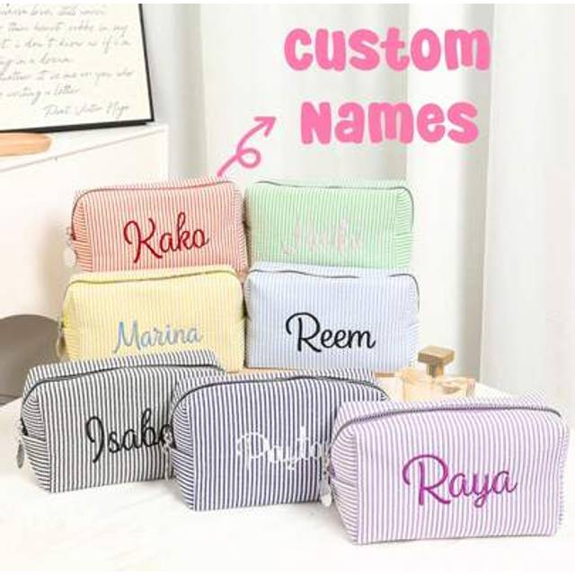 SHEIN Personalized Bridesmaid Makeup Bag, Seersucker Cosmetic Bag For Girl, Large Capacity Cosmetic Bag, Bridesmaid Bridal Gifts, Makeup Organizer, Monogram