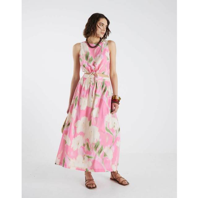 River Island Linen Blend Floral Print Midi Skirt, Pink, Size L, Women