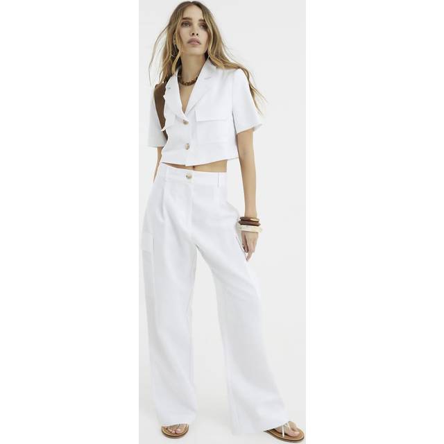 River Island Womens White Linen Blend Cargo Wide Leg Trousers - 10