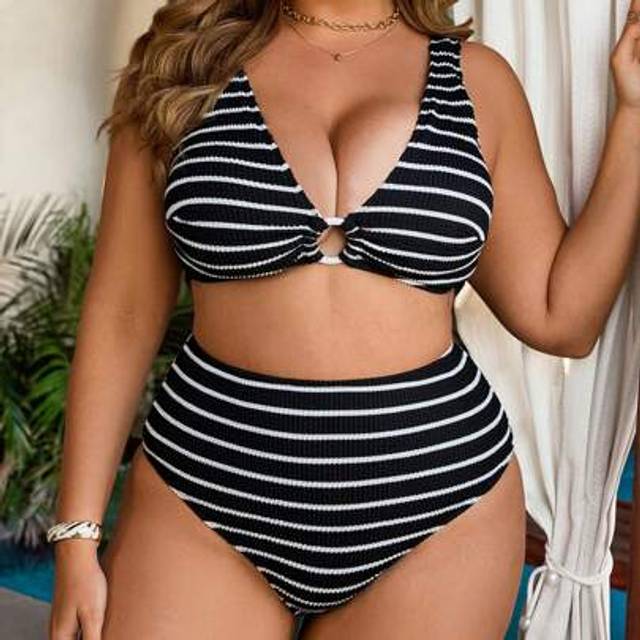 SHEIN Black And White Striped Women&#39;s Casual Holiday Plus Size Swimwear Bikini Set, Summer Beach Vacation