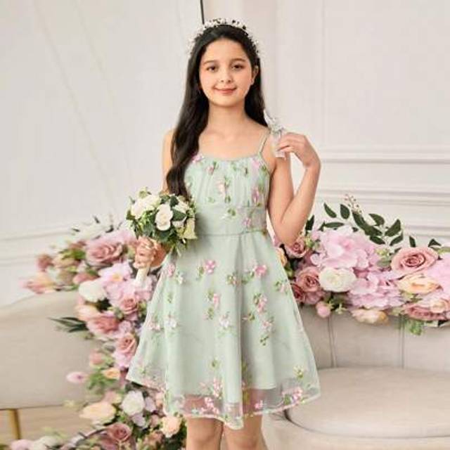 Pitira Tween Girls Elegant Summer Floral Embroidered Mesh Cami Dress