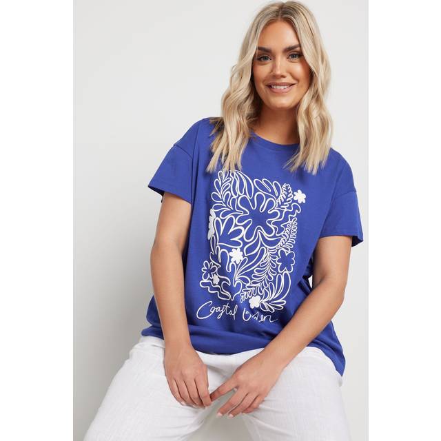 Yours Curve Blue 'Coastal Garden' Graphic Print Tshirt, Women's Curve & Plus Size, Yours - 18