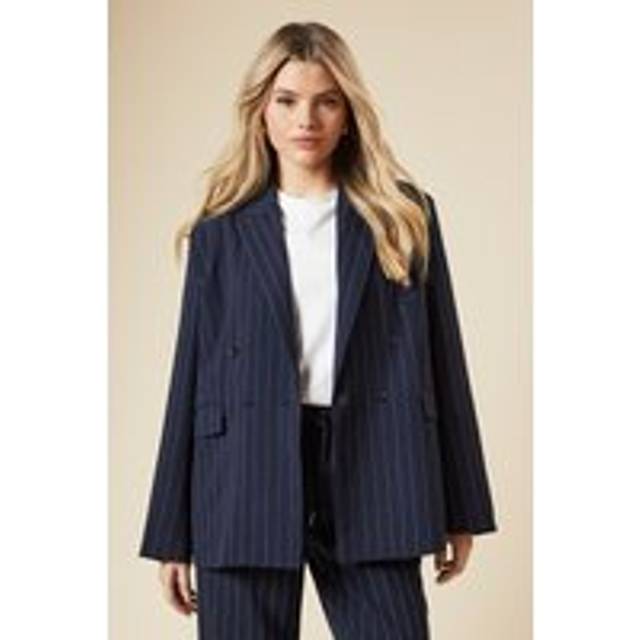 Oversized Double Breasted Stripe Blazer - Navy - 16
