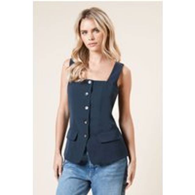 Womens Petite Longline Button Through Waistcoat - Navy - 12