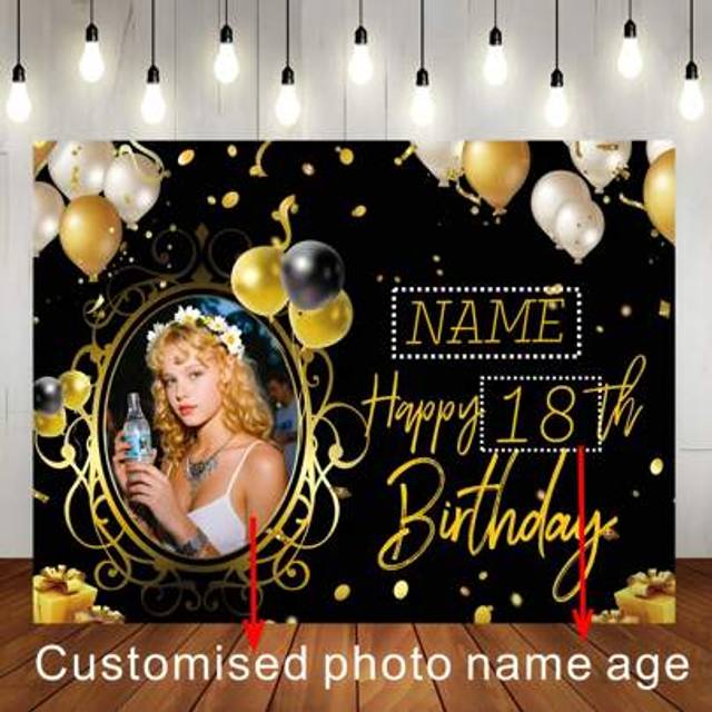 SHEIN 1pc Customisable Photo Name Years Black And Gold Balloon Happy Birthday Background Cloth Gold Gift Box Personalised Custom Design Decoration For Birth