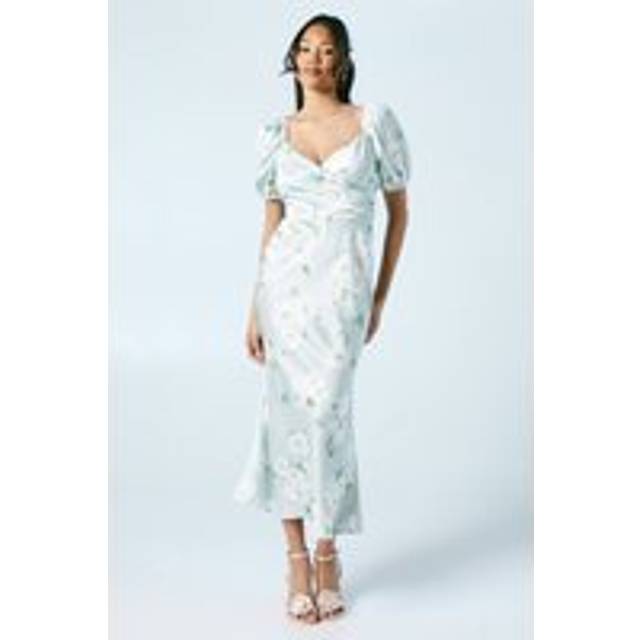 Posy Puff Sleeve Satin Wrap Top Bridesmaids Midi Dress - Sage - 8,12,6,16,14,10