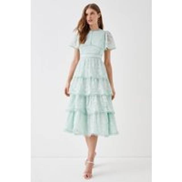 Tiered Lace Dress With Flutter Sleeve & Trims - Sage - 18