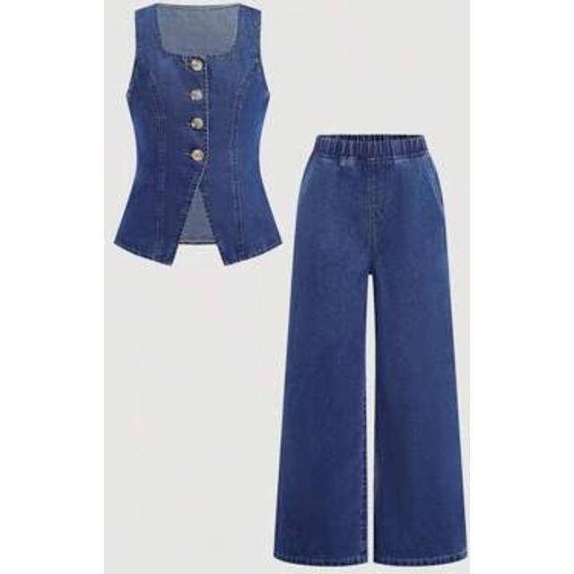 Nova Glow Tween Girl Vår Sommar Casual Street Fashion Enfärgad V-ringad Ärmlös Linne Och Baggy Raka Byxor Denim Tvådelat Set, Sommar Strand Boho Semes - Ljustvätt (8Y,9Y,10Y,11Y,12Y)
