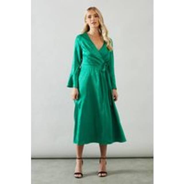 Wallis womens a-line dress green midi petite animal satin jacquard wrap