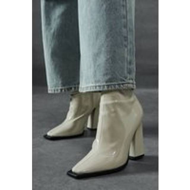 Misspap womens stylish ankle boots cream block heel pointed toe glossy look