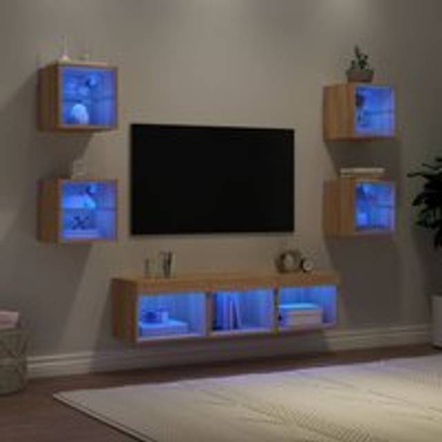 7 Piece TV Wall Units with LED Sonoma Oak Engineered Wood - Brown - One Size