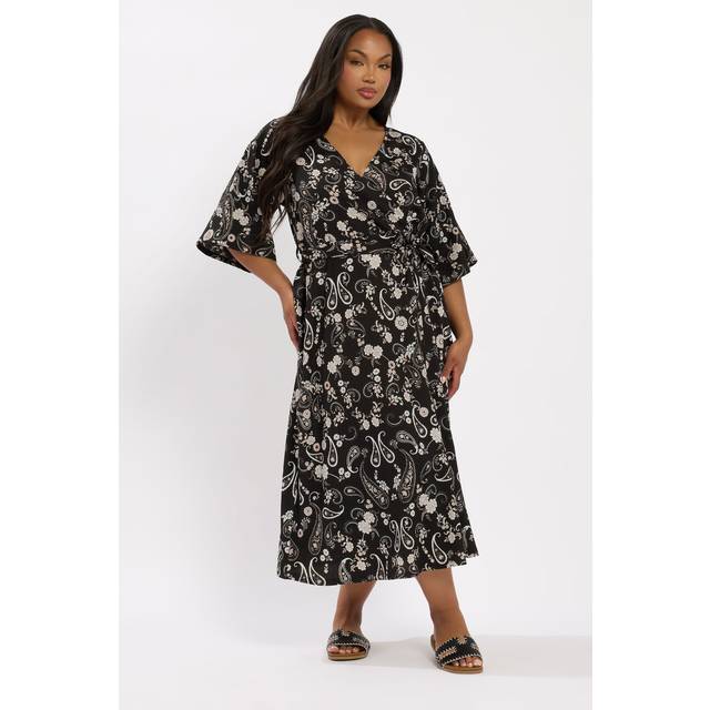 Yours Curve Black Paisley Kimono Sleeve Midaxi Wrap Dress, Women's Curve & Plus Size, Yours - 20