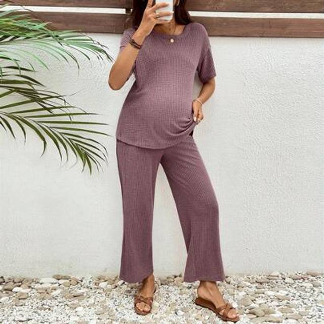 SHEIN 2pcs Maternity Set, Solid Color Short Sleeve Crew Neck T-Shirt And Pants