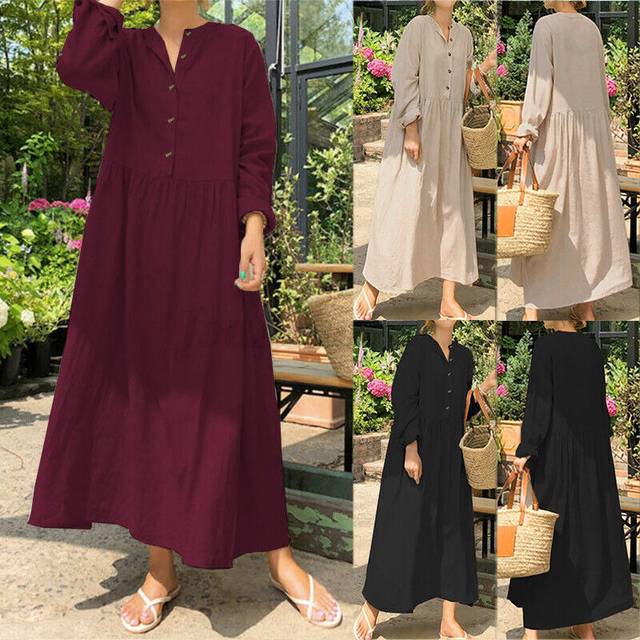 Uk women spring long sleeve cotton casual loose kaftan ladies beach maxi dress