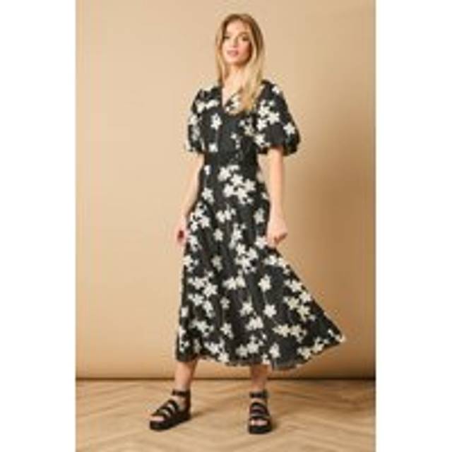 Lace Trim V Neck Puff Sleeve Midi Dress - Black - 12,10,6,14,8
