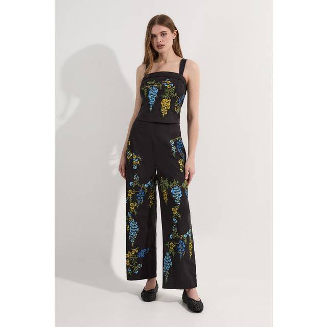 Floral Embroidered Cotton Linen Woven Wide Leg Trousers - Black