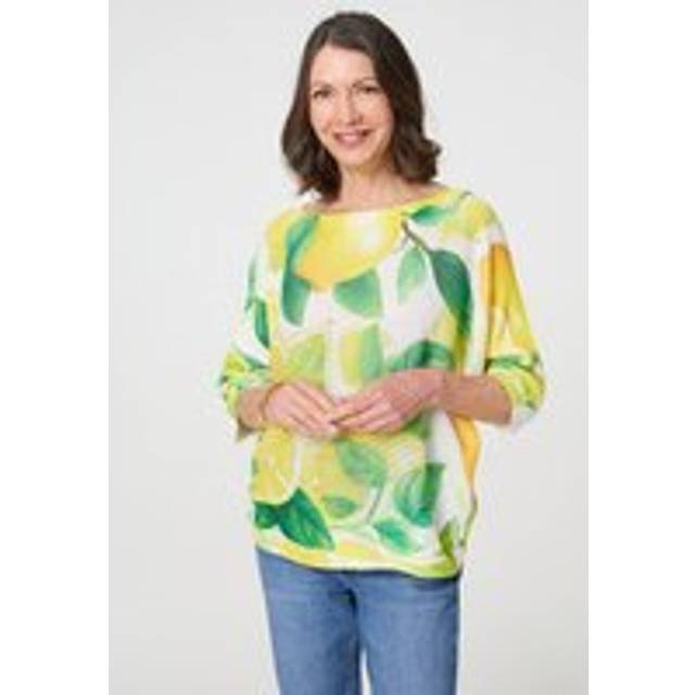 Leaf Print 3/4 Sleeve Knit Texture Top - Yellow - S/M