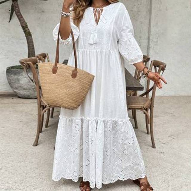 SHEIN Plus Size Women V-Neck Fringed Rope & Embroidered Textured A-Line Holiday Dress, White Long Dress, Guest Attire For Wedding, Romantic Bohemian Beach D