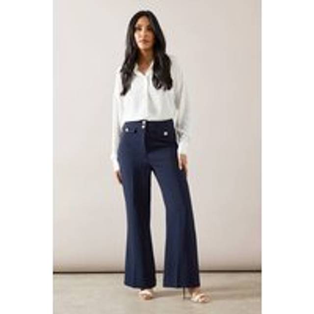 Womens Petite Military Button Tab Kickflare Trouser - Navy - 10