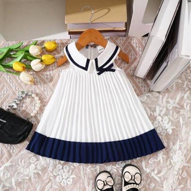 SHEIN Baby Girls Casual Cute Colorblock Pleated Dress