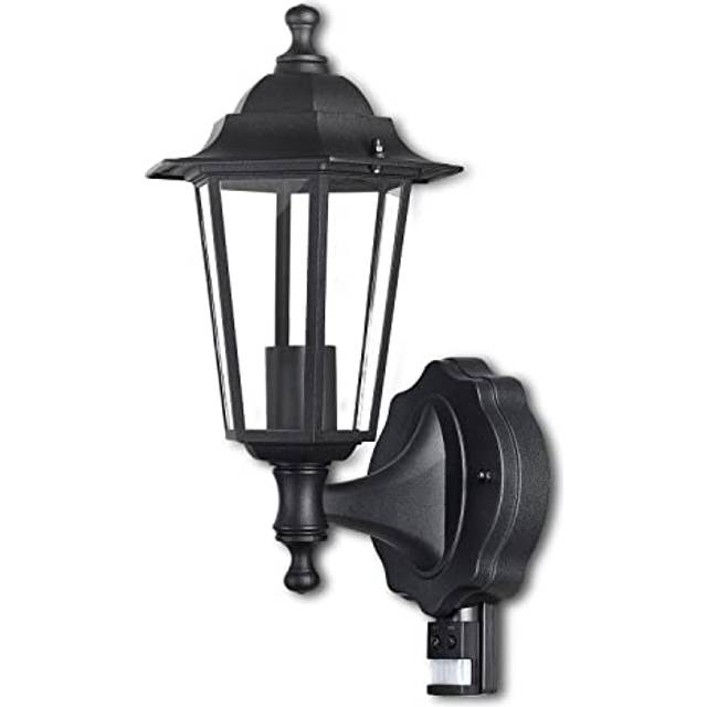 Outdoor PIR Wall Lantern Garden Light Black IP44 (6W transparent glass candle bulb included) - One Size