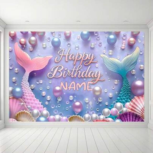 SHEIN Customizable Personalized Mermaid Themed Party Birthday Backdrop Banner With Under The Sea Mermaid Tail Scales Faux Pearl Birthday Party Theme Customi