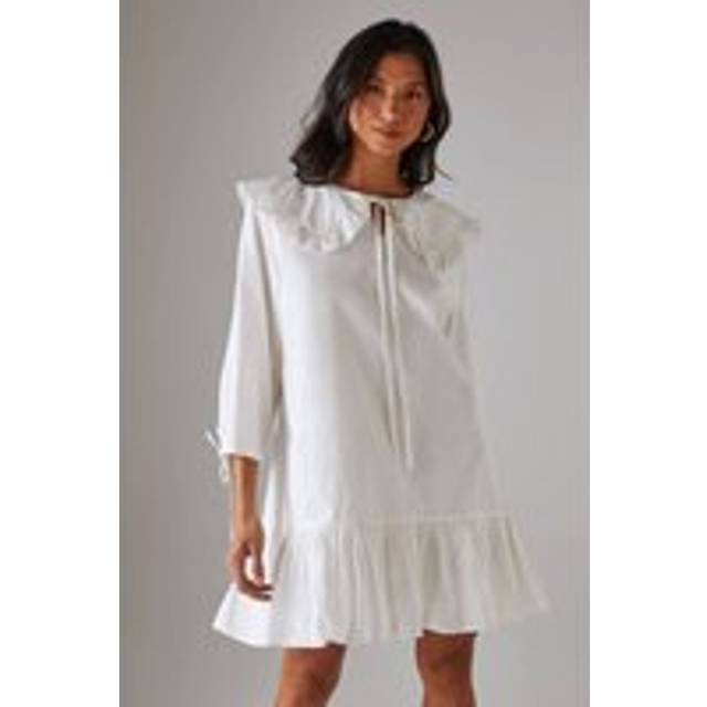 Womens Poplin Oversized Collar Tie Detail Mini Smock Dress - white - White - 12