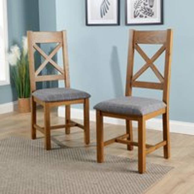 Home Source - High Cross Backed Dining Chair Grey Checked Seat Solid Oak Legs Home Furniture