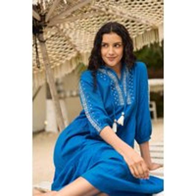 Arles Cotton Embroidered Double Cloth Dress - Mid Blue - 10