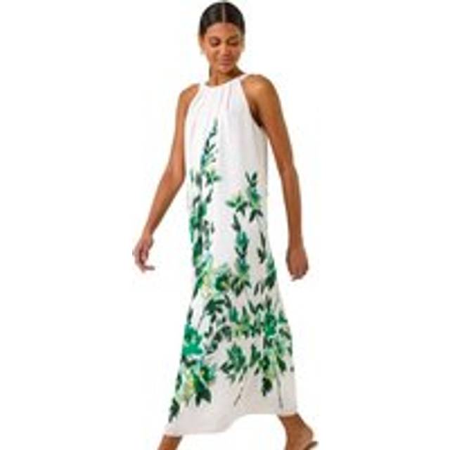Floral Print Halter Neck Midi Dress - Green - 16