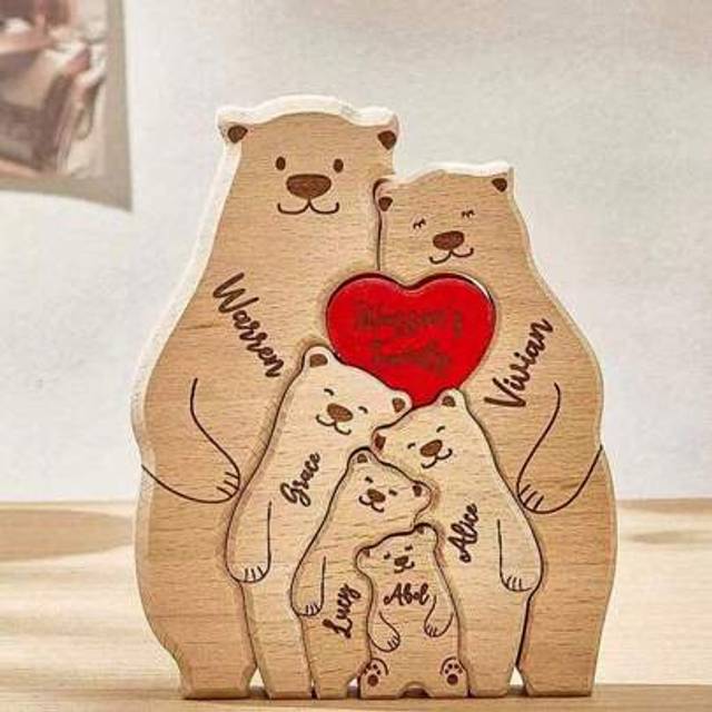 SHEIN 1PC Customizable Name, Personalized Wooden Puzzle Ornament, Solid Wood Bear Carving Set, Heartwarming Mother-And-Cub Bear Family Craft Ornament, Decor